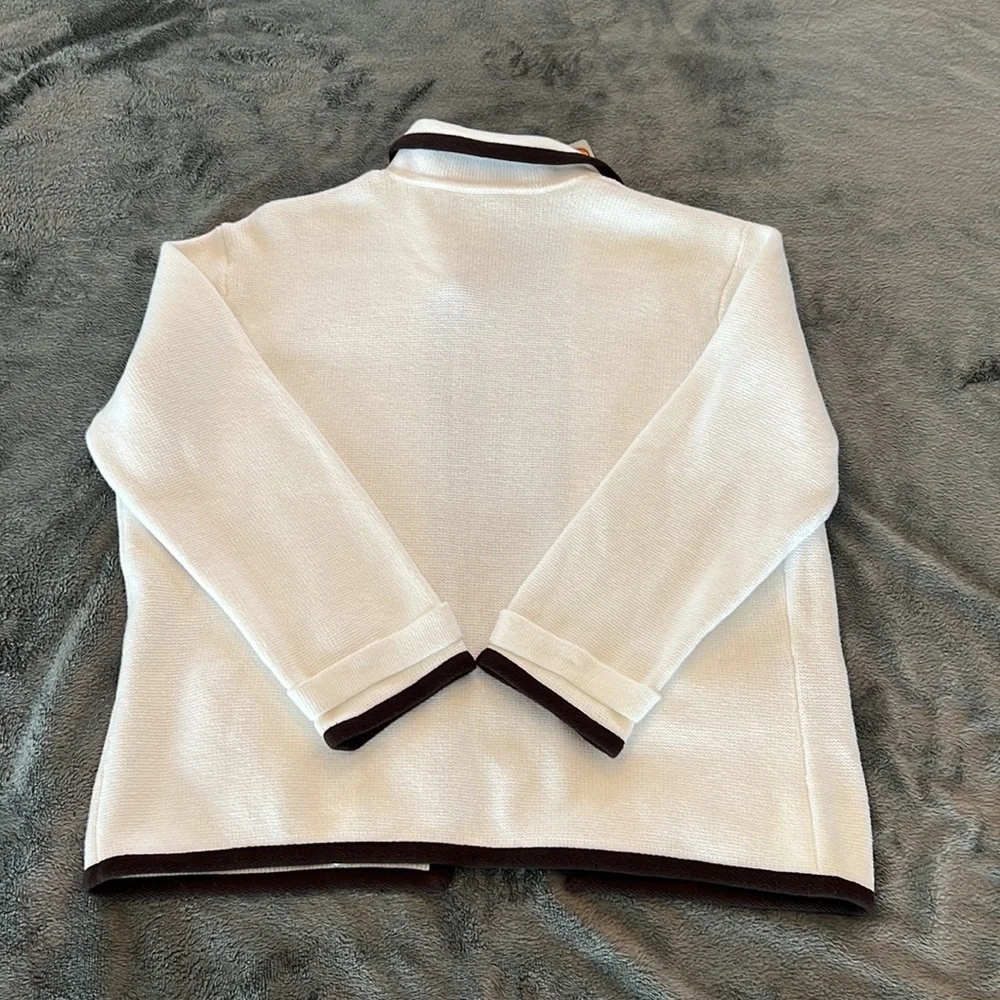 🎉Host Pick 2x🎉Talbots White Open Front Cardigan w/Brown Pipping Small Petite - Picture 2 of 11